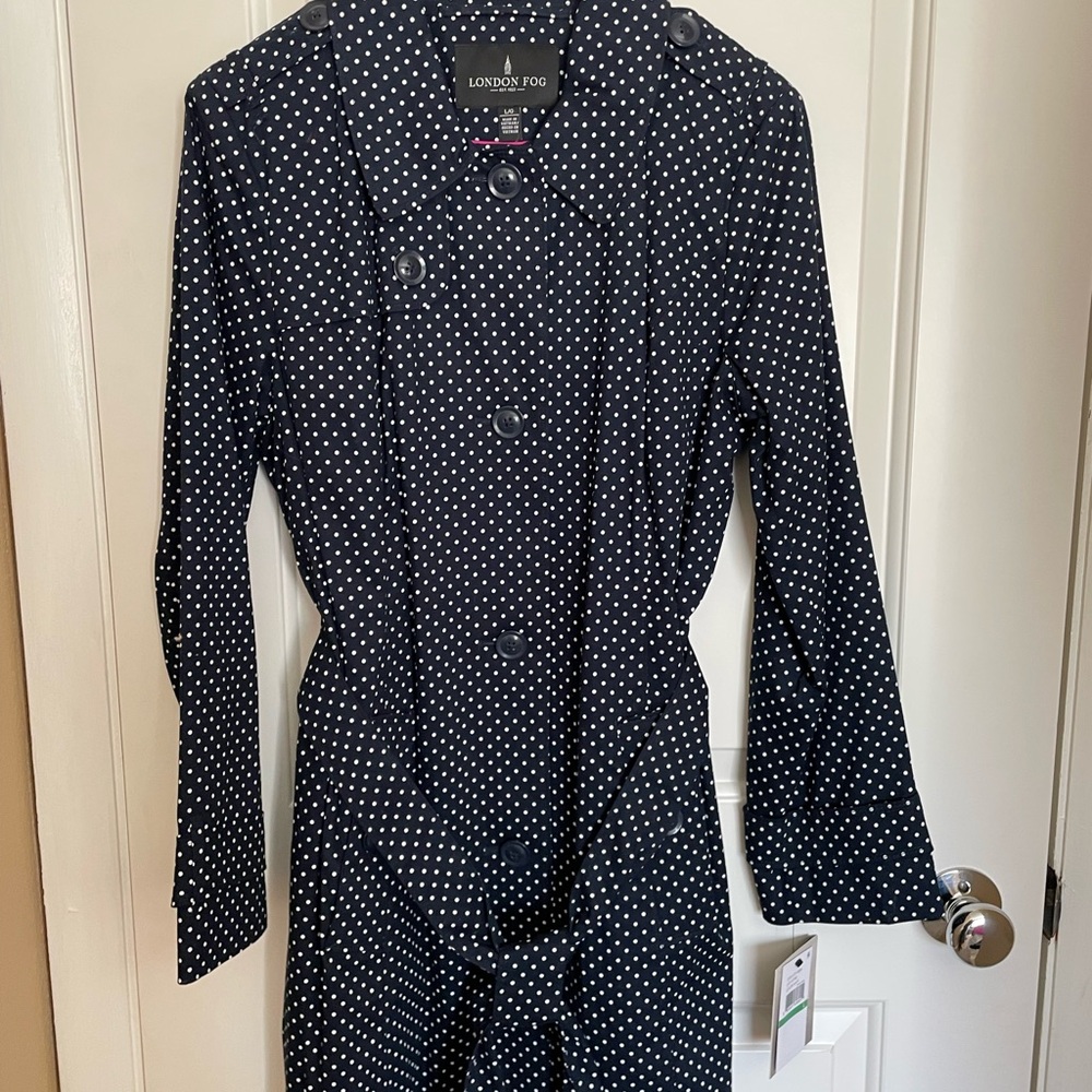 London Fog Navy and White Polka Dot Trench Coat